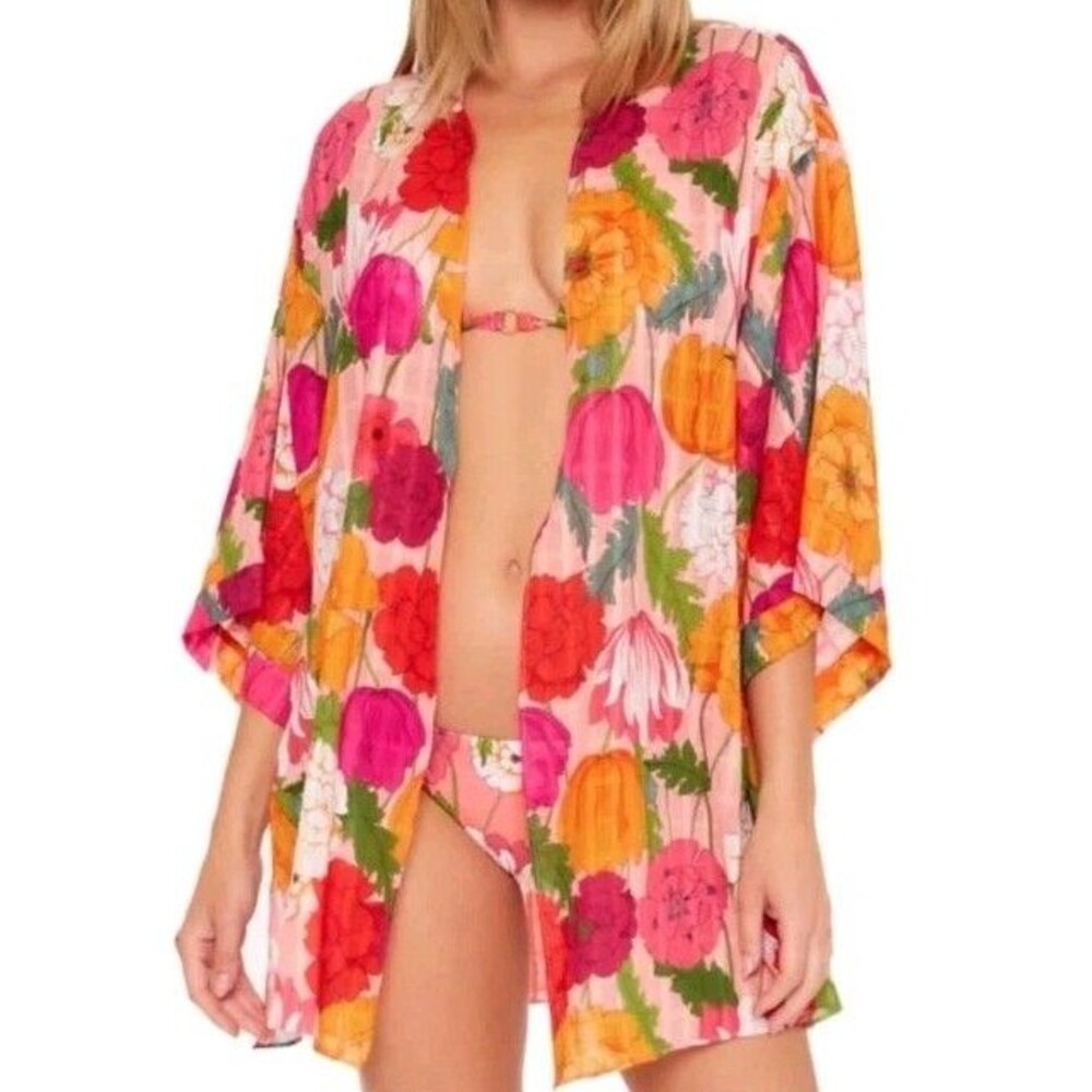 Trina Turk Sunny Bloom Floral Kimono Womens S/M Swim Coverup Tunic Pink Robe